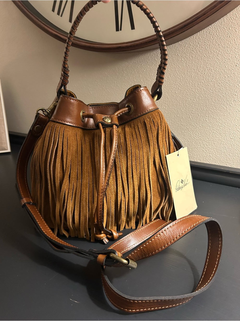 Patricia Nash Tan/Brown Fringe Drawstring Bucket Bag NWT - Picture 6 of 9